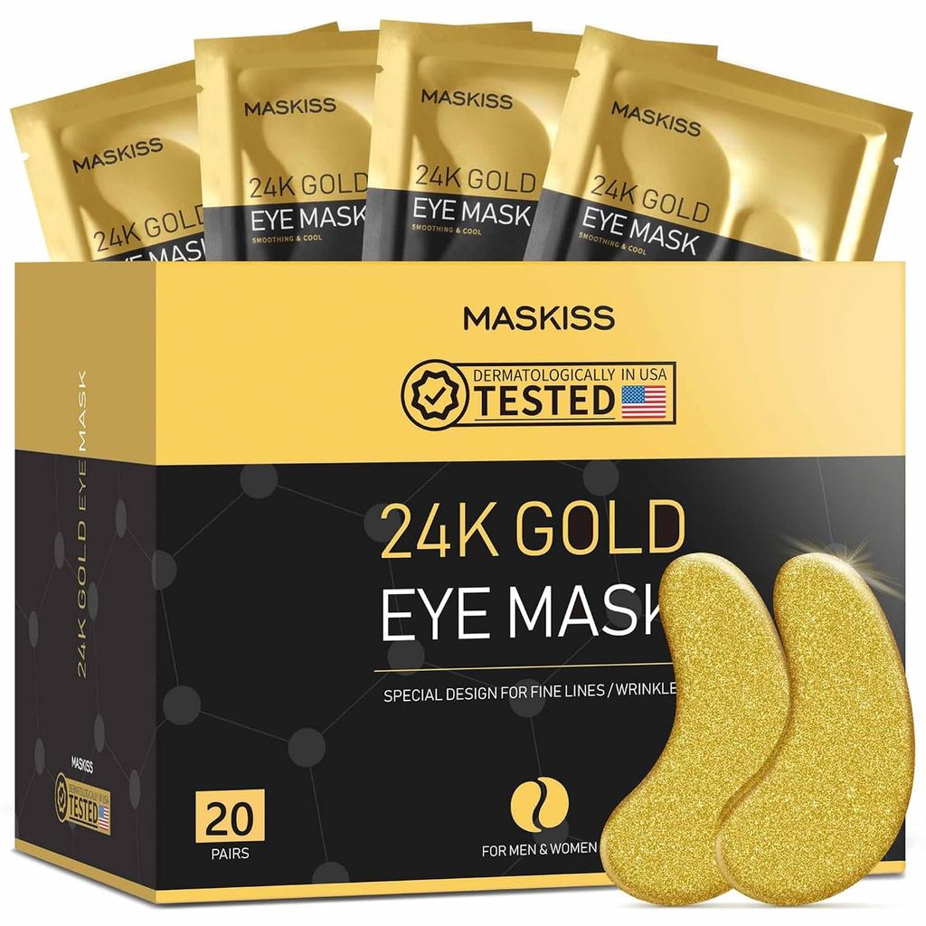 Maskiss 24k Gold Under Eye Patch (20 คู่), ผ้าปิดตา, ผลิตภัณฑ์ดูแลผิวคอลลาเจน, แผ่นแปะตาสําหรับตาบวม