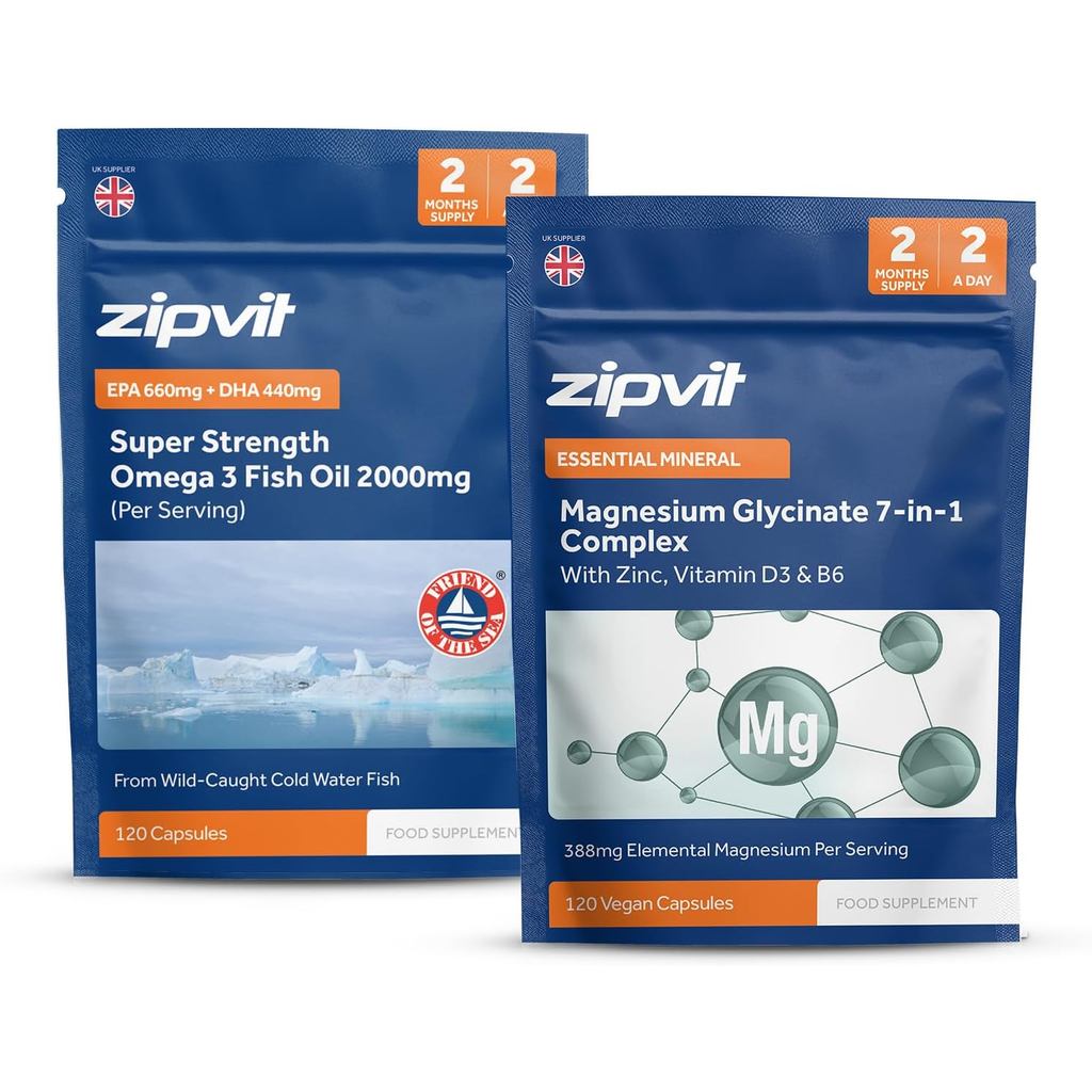 Zipvit Omega 3 2000mg + Magnesium 7-in-1 Complex, Mind & Body Bundle, รองรับหัวใจ, สมอง, วิสัยทัศน์,