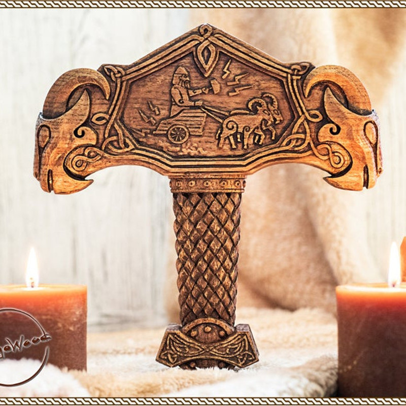 Hammer of Thunder Assat Pagan Vikings แท่นบูชา Thor Goat เรซิ่นหัตถกรรม Pagan Style