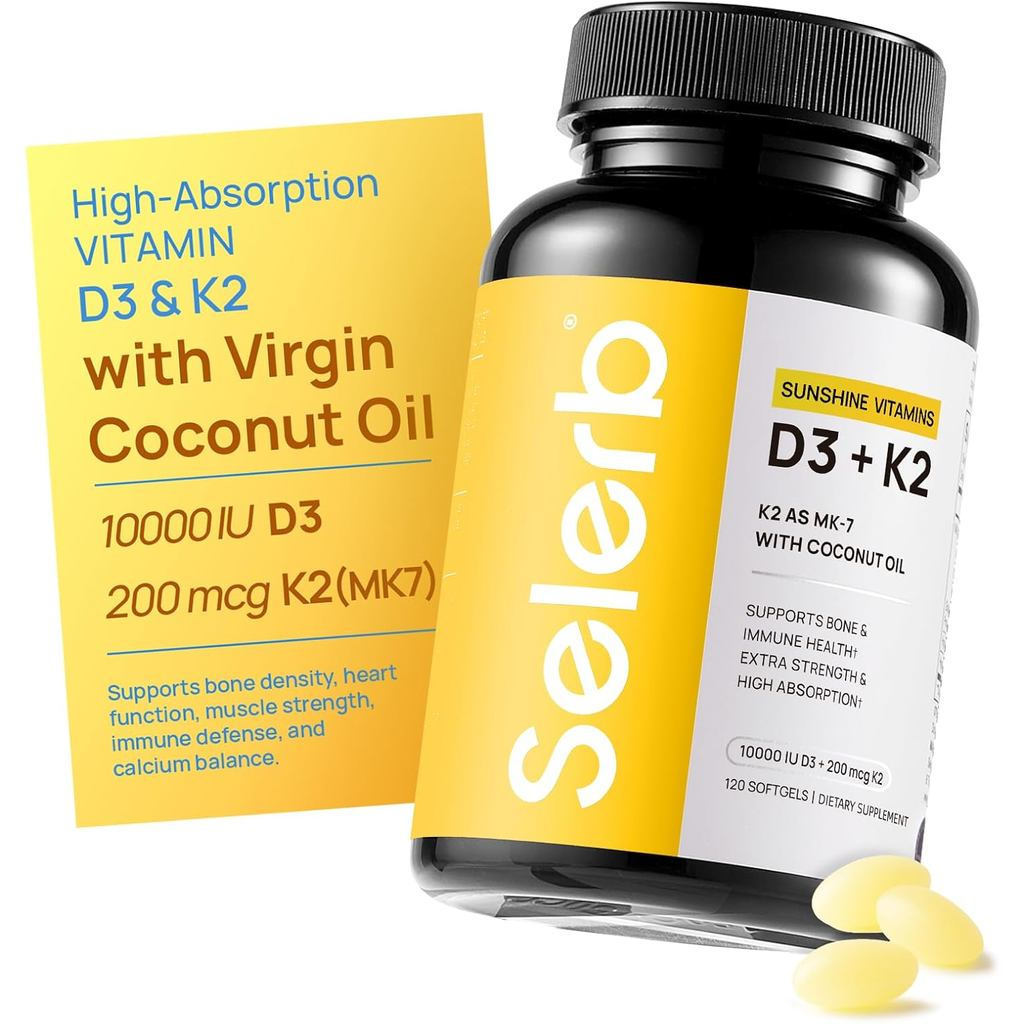 Selerb วิตามิน D3 K2 พร้อมน้ํามันมะพร้าวบริสุทธิ์ - วิตามิน D3 10000 IU + K2 MK-7 200 mcg อาหารเสริม