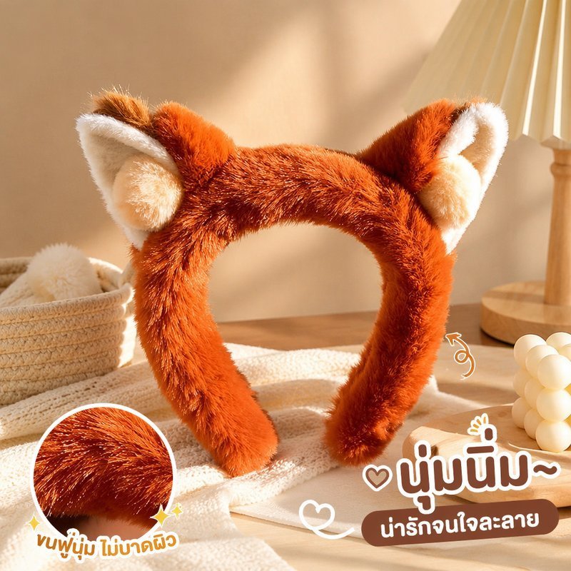 การ์ตูนฟ็อกซ์หูคาดศีรษะตุ๊กตานุ่มปรับดูดซับเหงื่อล้างหน้าภาพคอสเพลย์น่ารัก