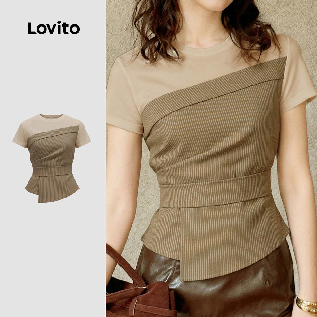 Lovito สง่างาม เสื้อเชิ้ตผู้หญิงลายไม่สมมาตร ปลอม 2-ใน-1 สําหรับฤดูใบไม้ผลิ/ฤดูร้อน LK4LD2653