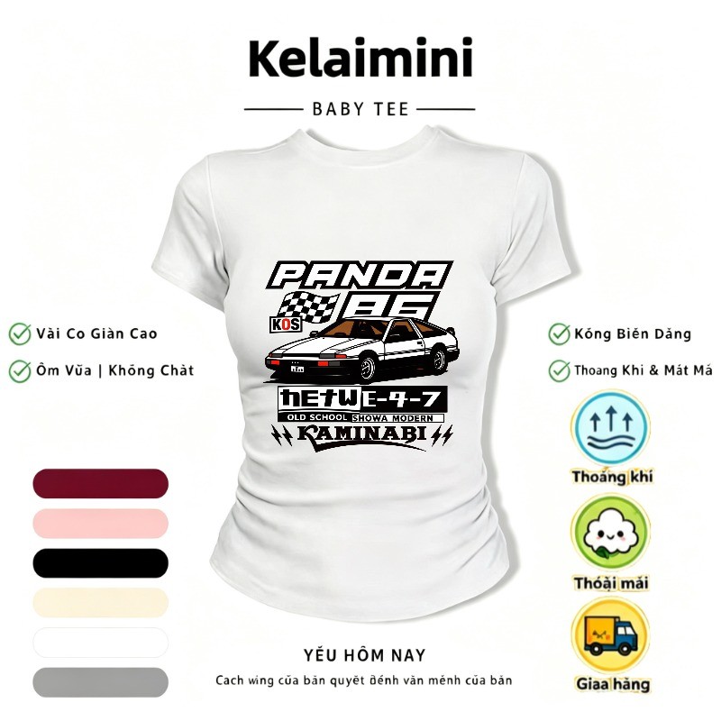 COD (Ho Chi Minh) เสื้อยืดผู้หญิง Y2K Baby Tee รถพิมพ์ AE86 Panda Old School Crop Top Slim Dance ญี่