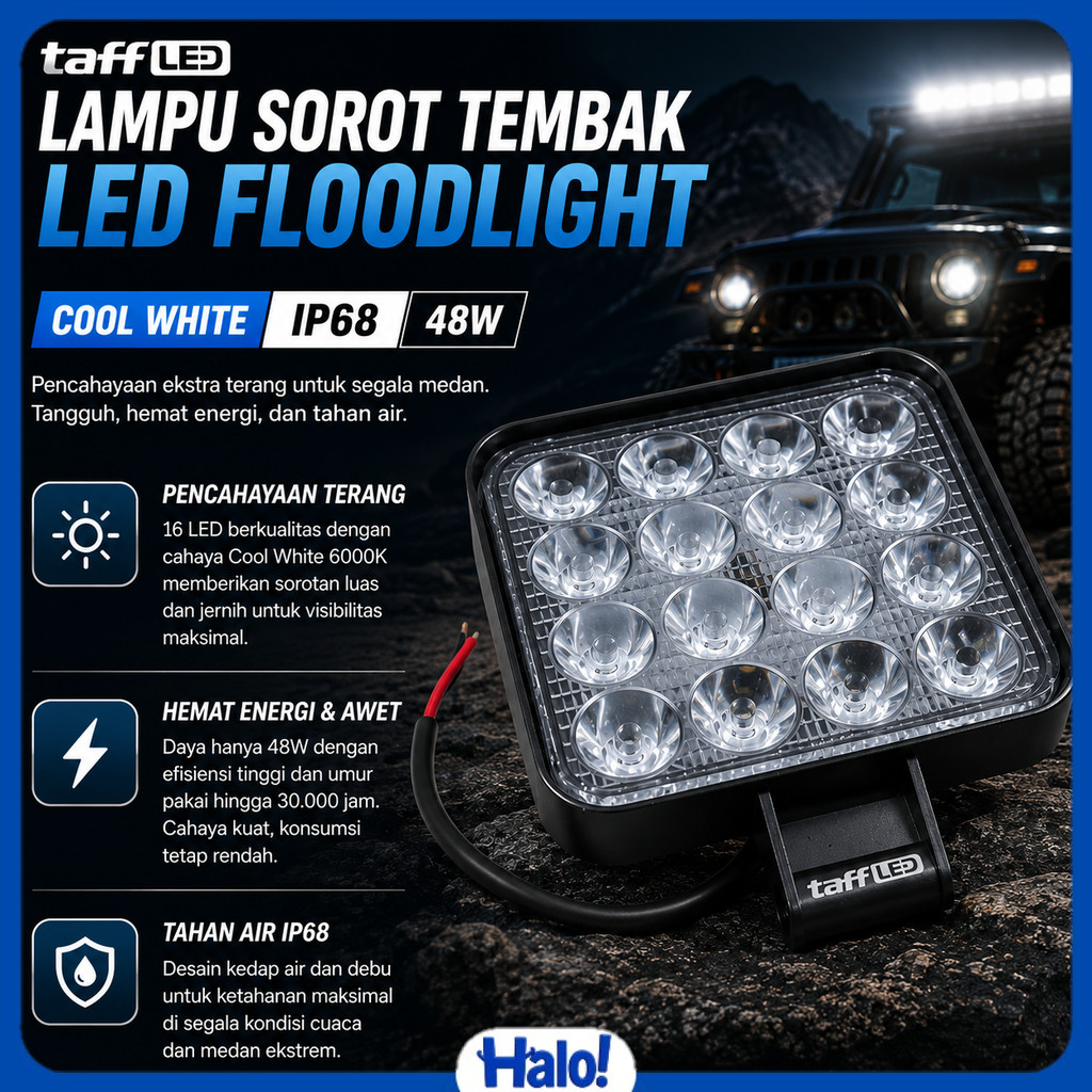 TaffiLED สปอตไลท์รถยนต์ LED Floodlight สีขาวนวล IP68 48W - D841