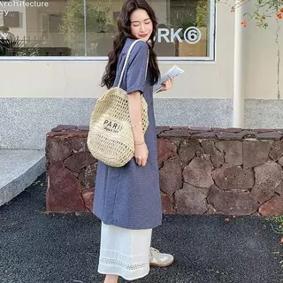 mimi-ชุด 2 ชิ้น สำหรับผู้หญิง:เดรสเชิ้ตทรงหลวมลายตารางสไตล์ญี่ปุ่นสุดอาร์ต + กางเกงขายาวทรงบานลำลอง สไตล์เกาหลี#99555+56