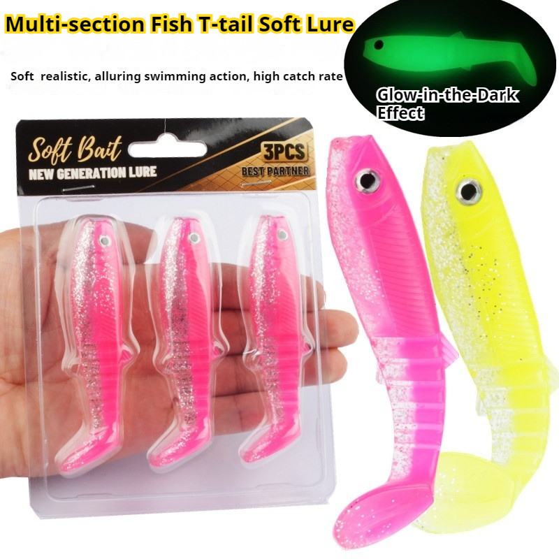 Multi Joint T-Tail Soft Lure 3PCS 5g /10g Umpan Pancing Haruan Toman Siakap เหยื่อนุ่ม Luminous เหยื่อว่ายน้ําหล่อเหยื่อตกปลาน้ําจืด