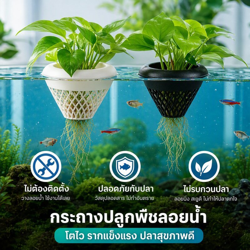 กระถางลอยน้ำตู้ปลา กระถางปลูกต้นไม้ในตู้ปลา ลอยน้ำได้เอง ไม่ต้องติดตั้ง พลาสติกปลอดภัย 2 ขนาด