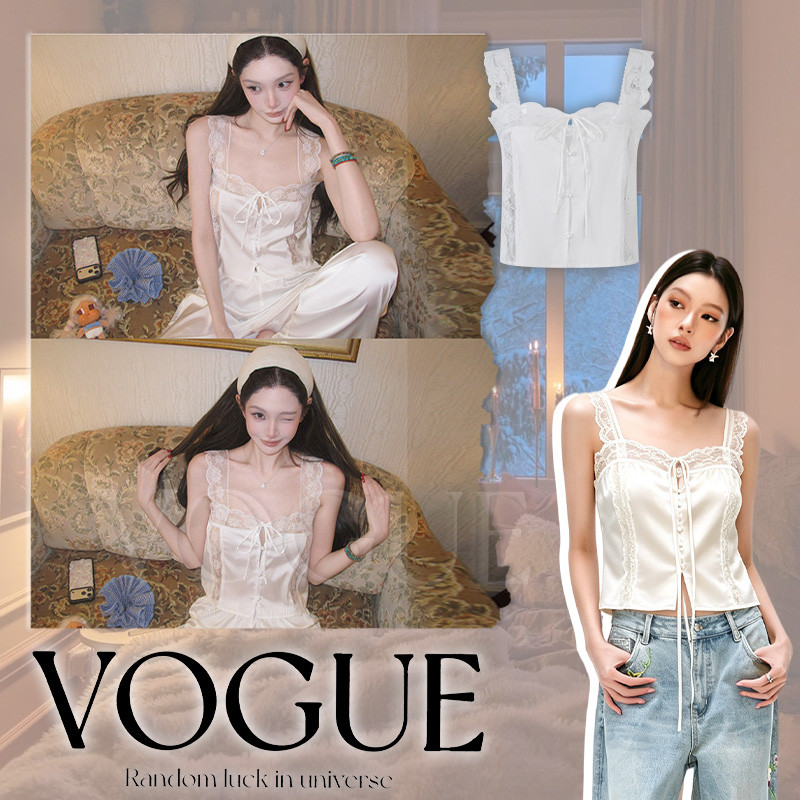 Vogue พร้อมส่ง เสื้อกล้ามดีไซน์แต่งลูกไม้ผูกเชือกกรุดุมมุก ผ้าลินินนุ่มลื่นใส่สบาย ใส่นอนใส่ไปข้างนอกได้ (FY5262)