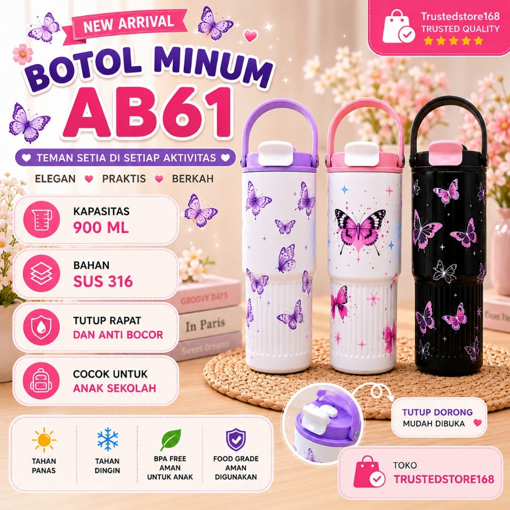 Gudangjam888 Tumbler AB61 Butterfly 900ml 2 วิธีดื่ม SUS316 สวยงาม
