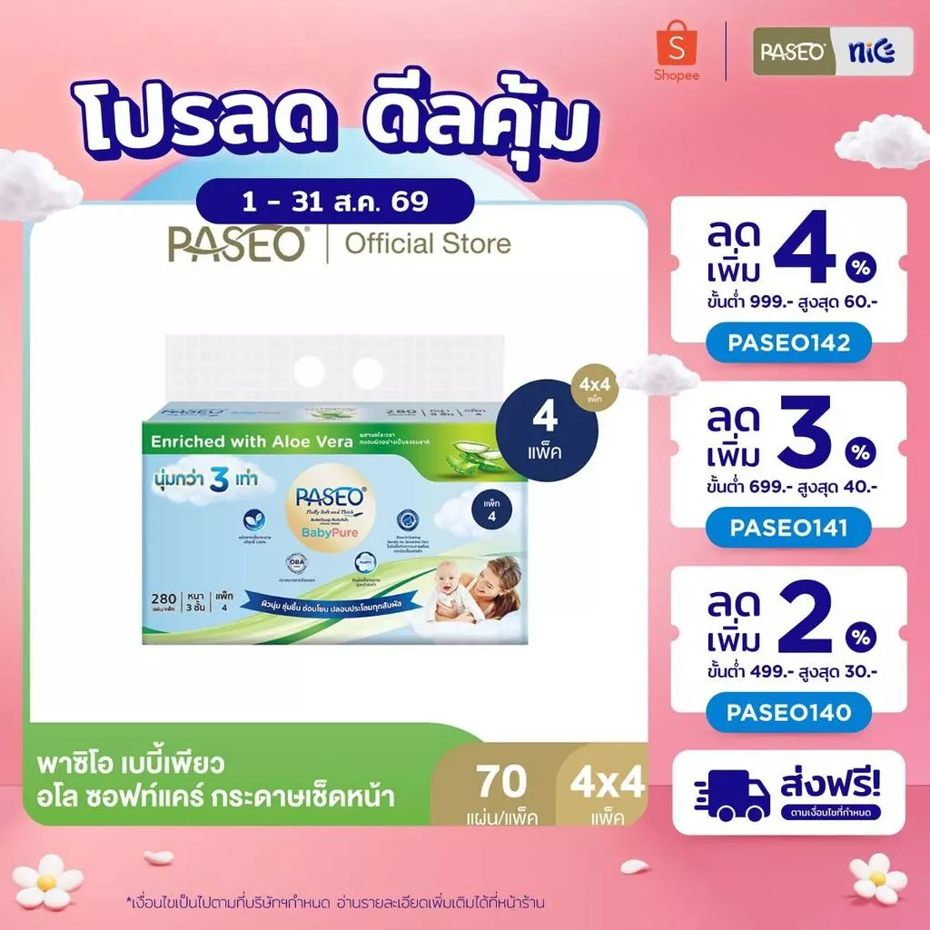 (1 แถม 1) PASEO พาซิโอ เบบี้เพียว อโล ซอฟท์แคร์ กระดาษเช็ดหน้า หนา 3 ชั้น 70 แผ่น แพ็ค 4 ห่อ (กระดาษทิชชู่) x 4 แพ็ค