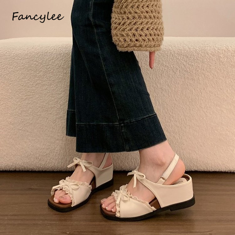 รองเท้าแตะสุภาพสตรีสไตล์หวานลูกไม้โบว์ตกแต่งส้นลิ่มสบายฤดูร้อนทุกวันสวมใส่