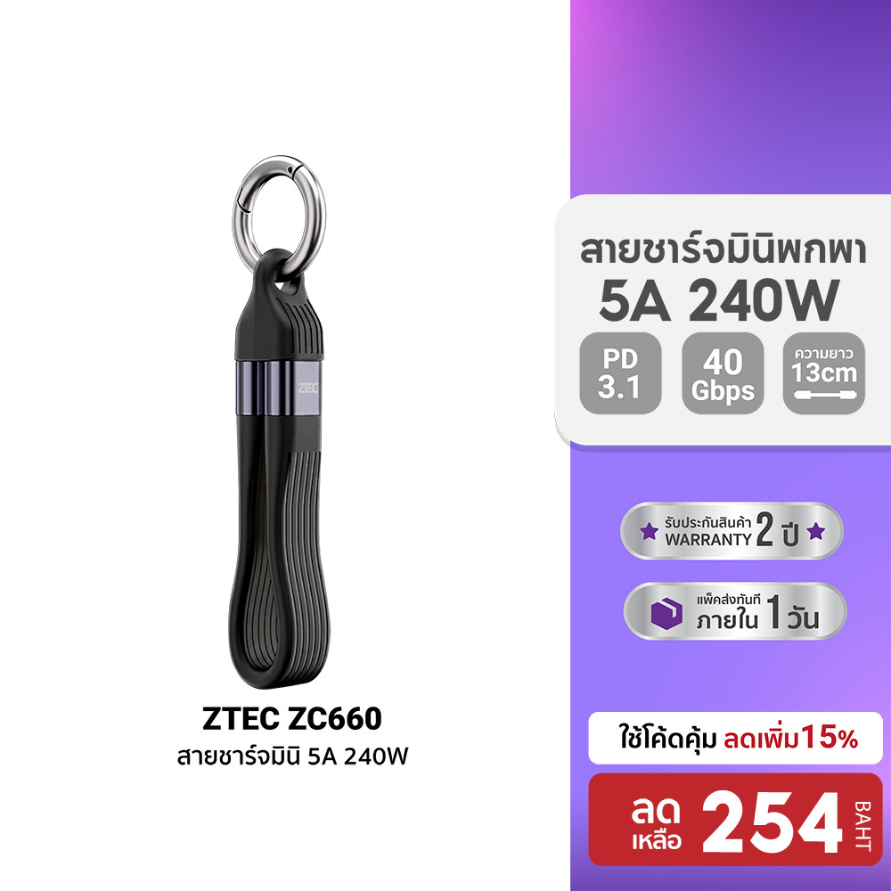 ZTEC ZC660 5A 240W สายชาร์จพวงกุญแจ  PD3.1 รองรับ Thunderbolt 4 / USB 4 เชื่อมต่อภาพ 8K -2Y