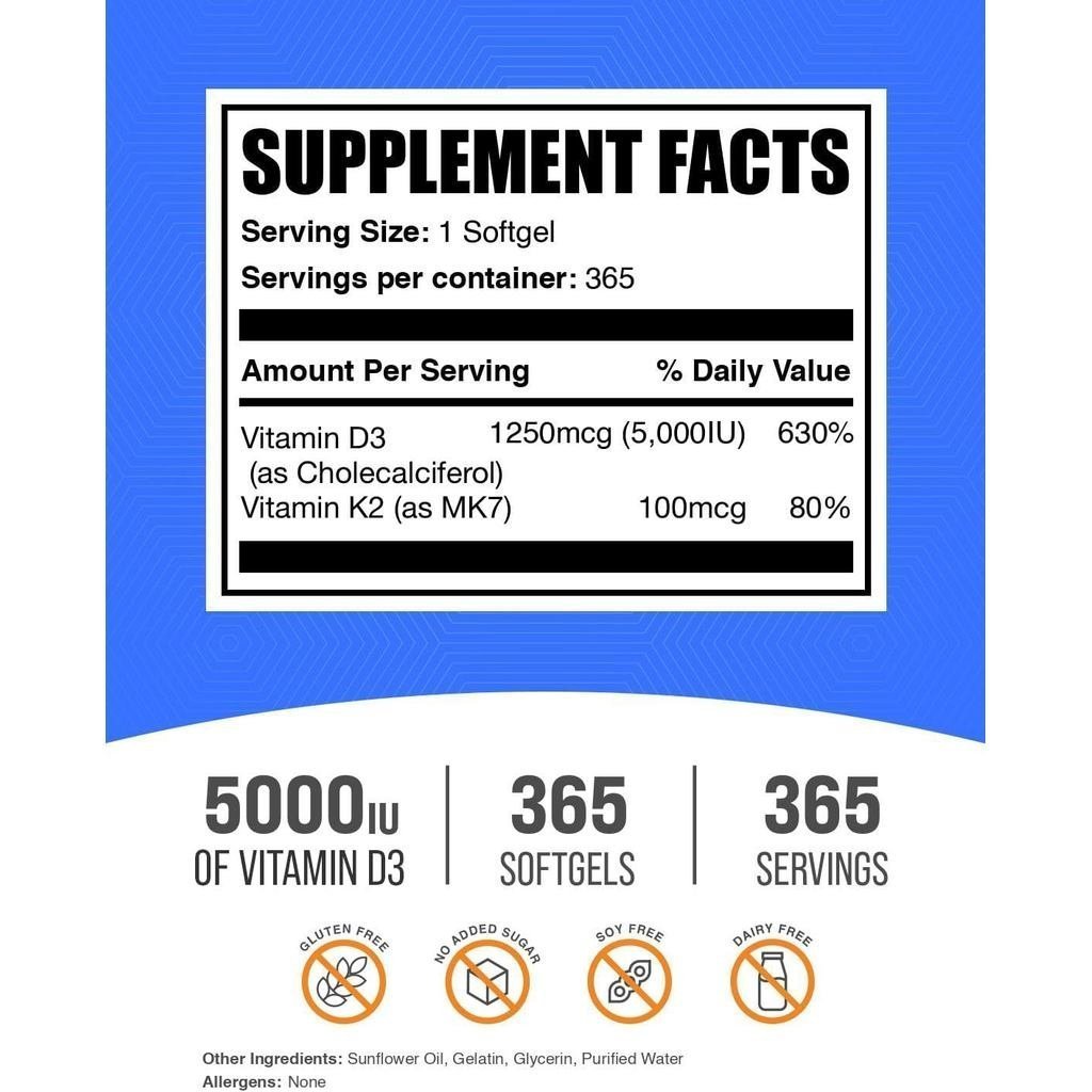 BulkSupplements.com วิตามิน D3 + K2 5000 IU Softgels - D3 K2 เพื่อสุขภาพภูมิคุ้มกัน - ปราศจากกลูเตน 