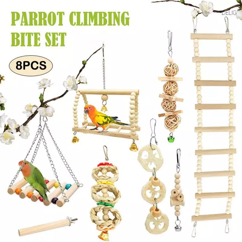 DELIG> 8ชิ้นผสมนกแก้วนกของเล่นParrotการฝึกอบรมของเล่นไม้ธรรมชาติParrot Swing Perchของเล่นBird Cage Climbสัตว์เลี้ยงอุปกรณ์Nice