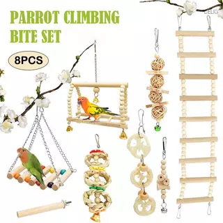 DELIG> 8ชิ้นผสมนกแก้วนกของเล่นParrotการฝึกอบรมของเล่นไม้ธรรมชาติParrot Swing Perchของเล่นBird Cage Climbสัตว์เลี้ยงอุปกรณ์Nice