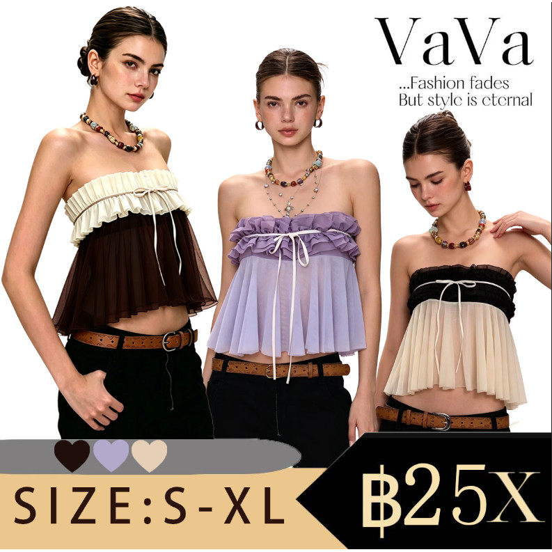 VaVa【สต็อกพร้อมส่ง】เสื้อสายเดี่ยวสั้นสไตล์วินเทจ ดีไซน์ระบายสองชั้น ลวดลายโบว์ ผูกได้ สไตล์น่ารักแบบลำลอง
