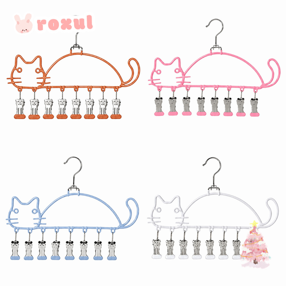 ROXUL ราวตากผ้า ความจุ 8 คลิป​​ ไม้แขวนเสื้อรูปแมวชั้นวางถุงเท้าโลหะกันลมกันน้ําที่ทนทาน​​ ​​องค์การซักรีด​​