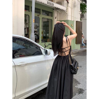 พร้อมส่ง✨เดรสออกงาน สายเดี่ยว เปิดหลัง🔥ชุดเดรสผู้หญิง ผูกเชือกด้านหน้า ด้านหลัง สีพื้น สไตล์หรูหรา