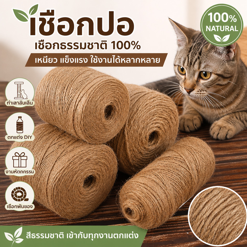 เชือกป่านมะนิลาธรรมชาติ ขนาด1-5มม. ทำเสาลับเล็บแมว DIY ตกแต่งบ้าน ปลอดภัยสัตว์เลี้ยง