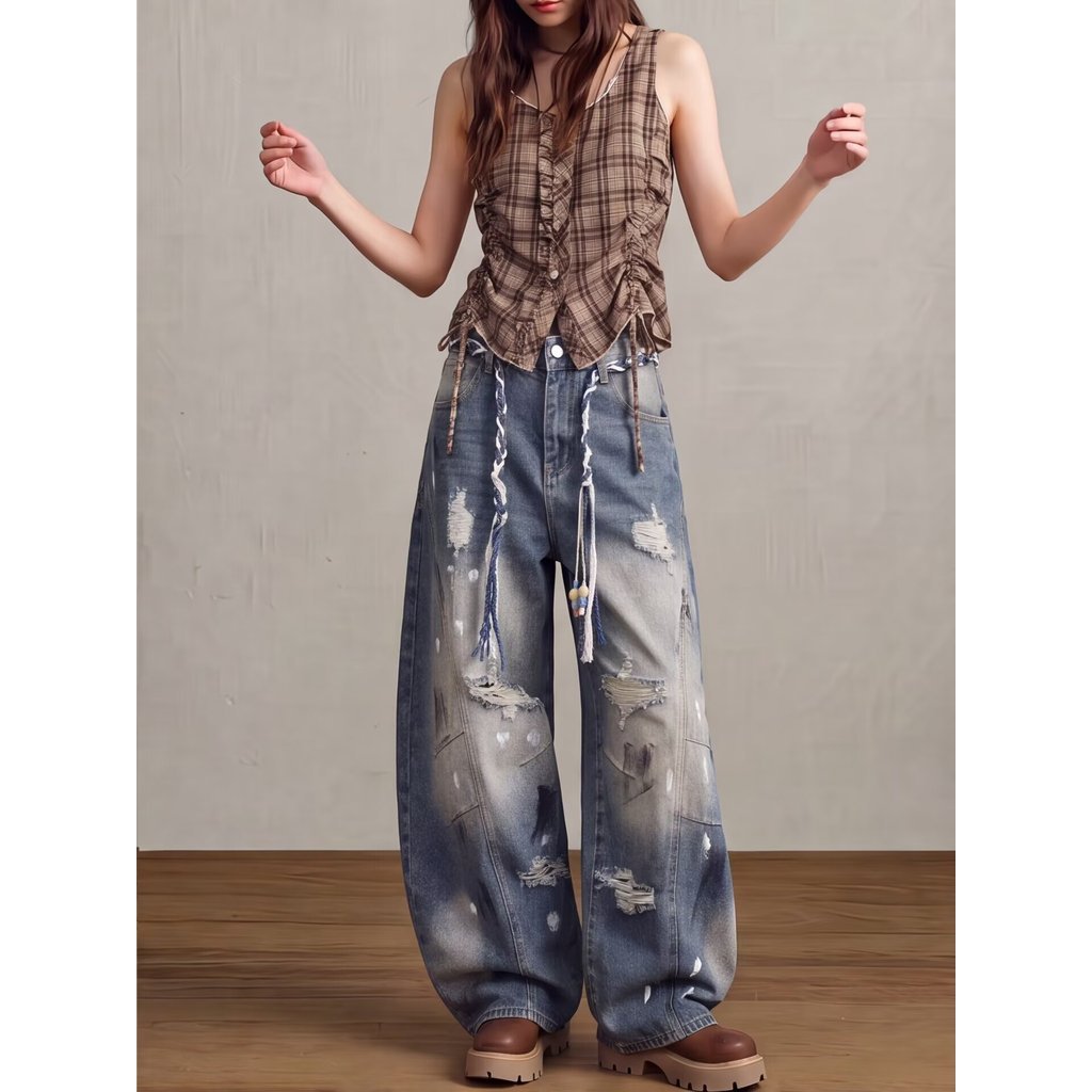 [พร้อมเข็มขัด] All-Match Dirty Dyed Distressed Graffiti Jeans Loose Wide-Leg Machete Pants Floor Pan
