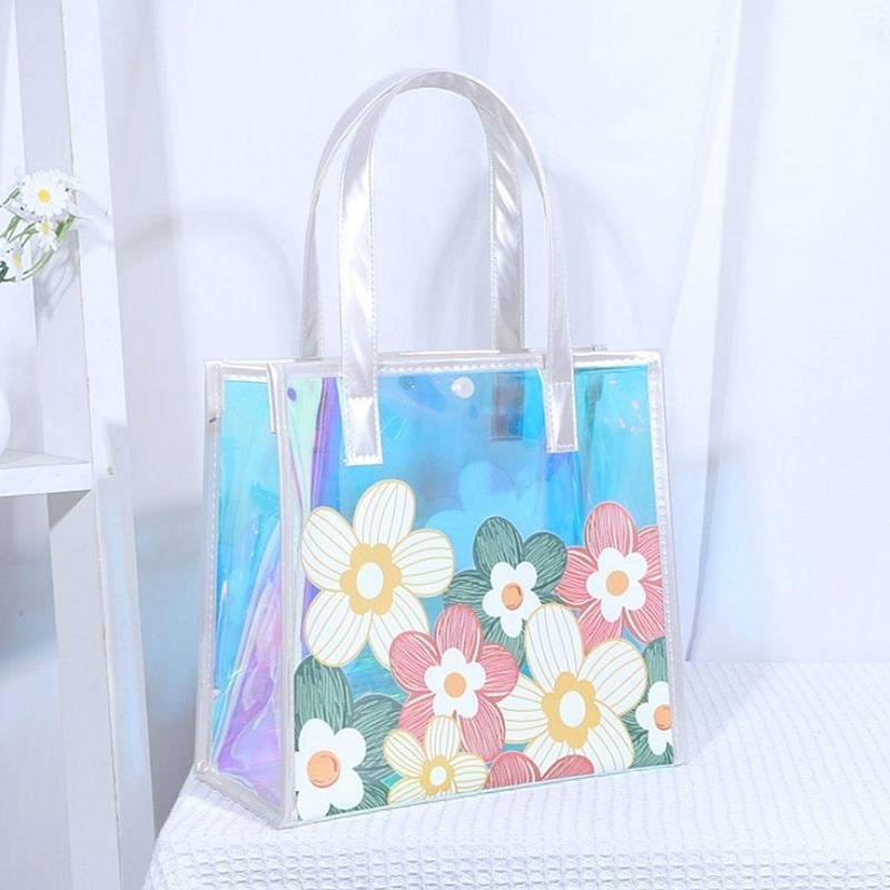 Pvc Waterproof Colourful Tote Bag Laser Jelly Bag Line Flower#pvc防水炫彩手提袋镭射果冻包线条花朵