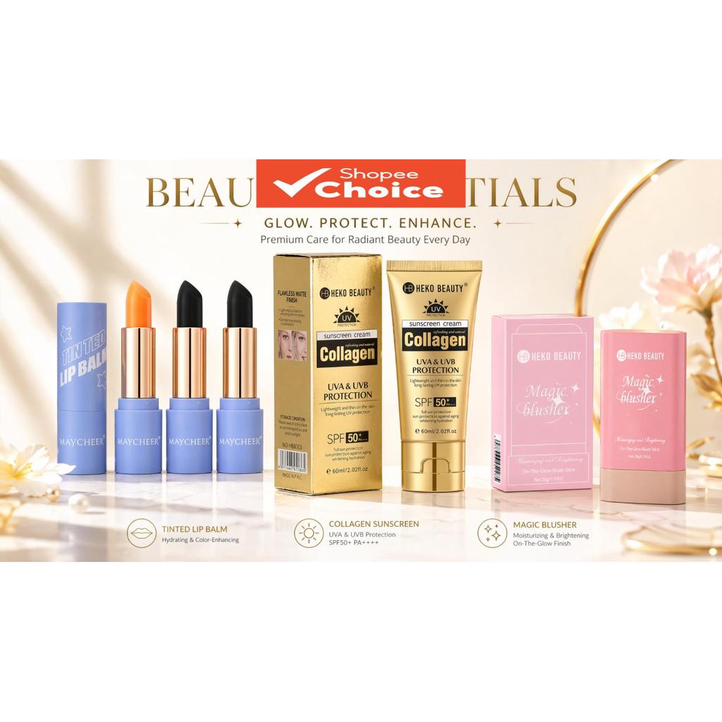 ชุดแต่งหน้าและดูแลผิวประจําวัน 3-in-1 HEKO & MAYCHEER, ครีมกันแดดคอลลาเจน SPF50+ ปกป้องรังสี UV, บลั