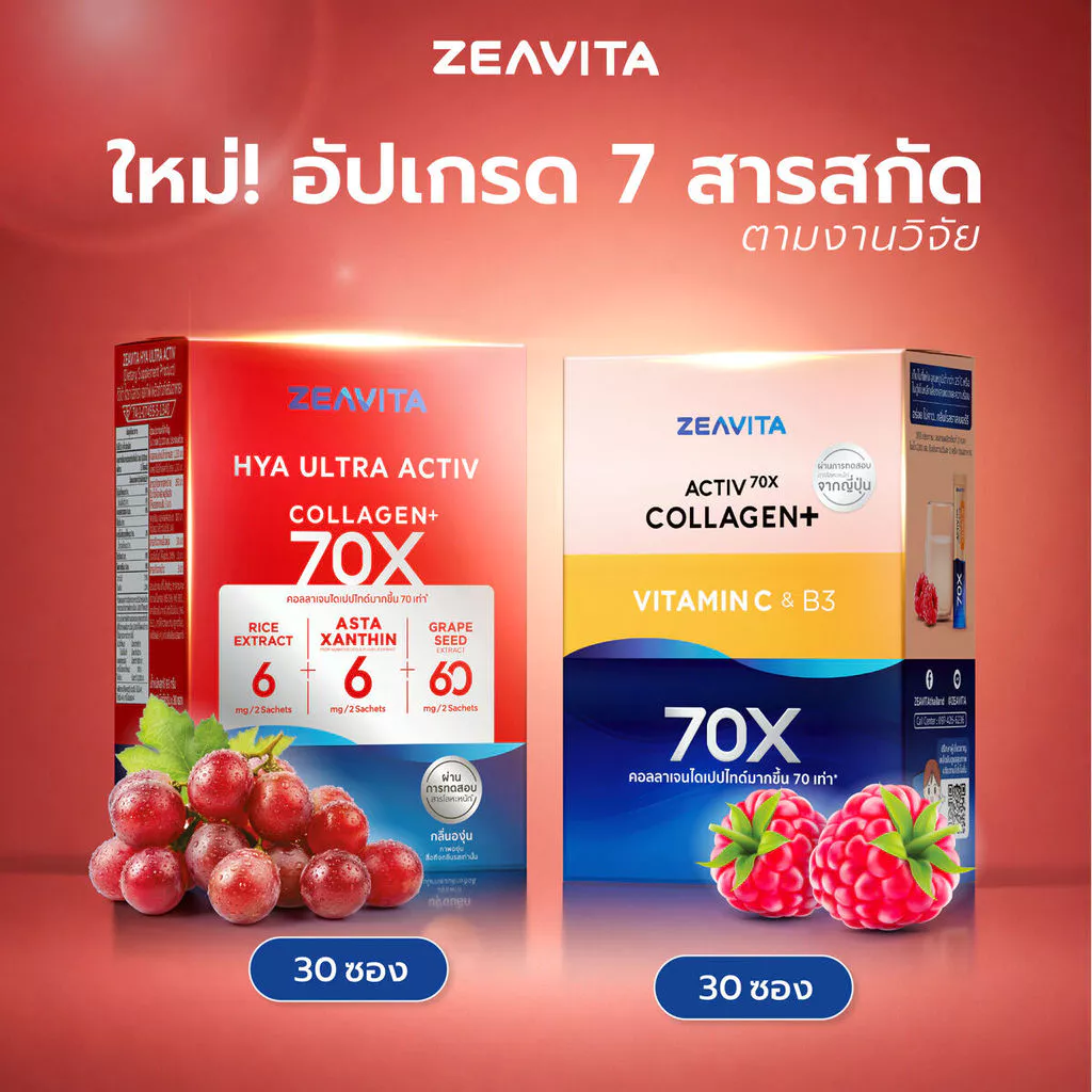 ซีวิต้า คอลลาเจนไดเปปไทด์ 100%+วิตามินซี B3 ผิวและข้อ (30ซองx1กล่อง) และไฮยา อัลทรา แอคทีฟ 70X (30ซองx1กล่อง)