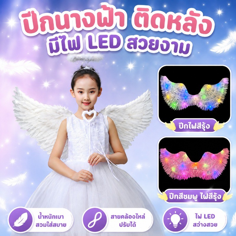 🔥พร้อมส่ง👑ปีกนางฟ้า ปีกนางฟ้าเด็ก  เรืองแสง มีวงแหวนไม้คฑา เหมาะสำหรับงานปาร์ตี้ สีขาว เด็ก Angel Wing