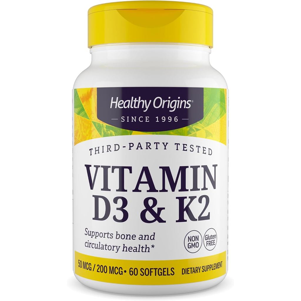 Healthy Origins Vitamin D3 & K2 - Vitamin D3, 50 mcg - Vitamin K2, 200 mcg - Easily Absorbable Vitam