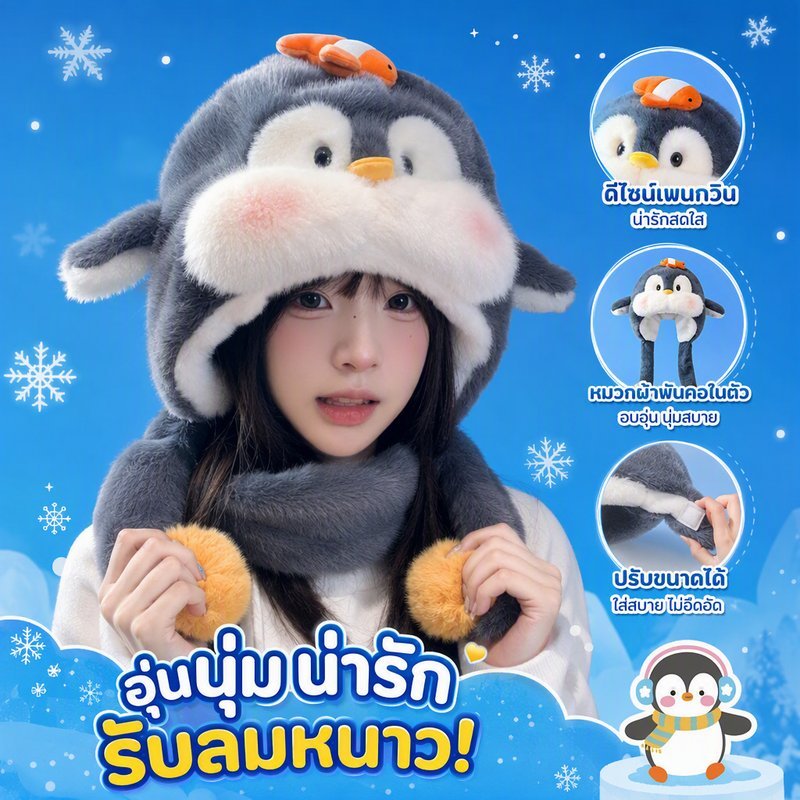 หมวกเพนกวิน การ์ตูน ผ้าพันคอในตัว หูขยับได้ หมวกกันหนาว ปิดหู นุ่ม ใส่สบาย สำหรับผู้หญิง