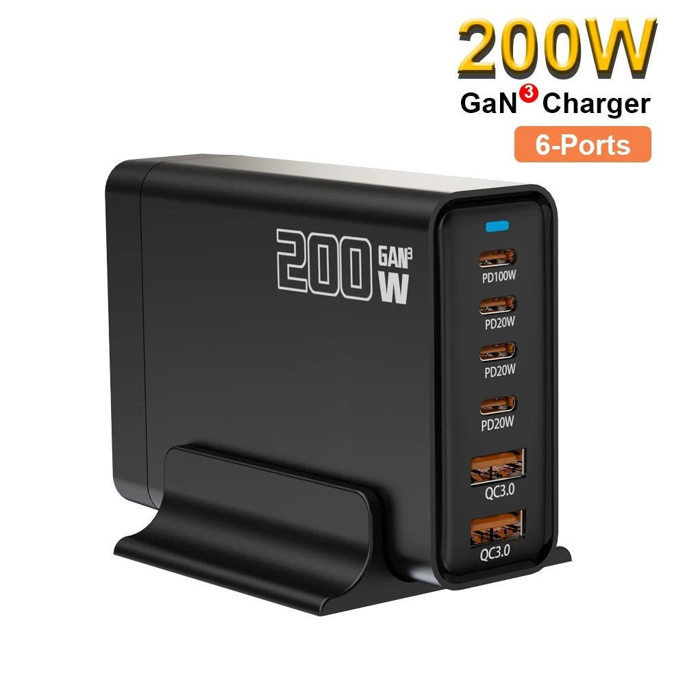 200W USB Charger Station GaN Charge Hub 6 พอร์ต PD Fast Charging 100W Wall Charger สําหรับแล็ปท็อปแท