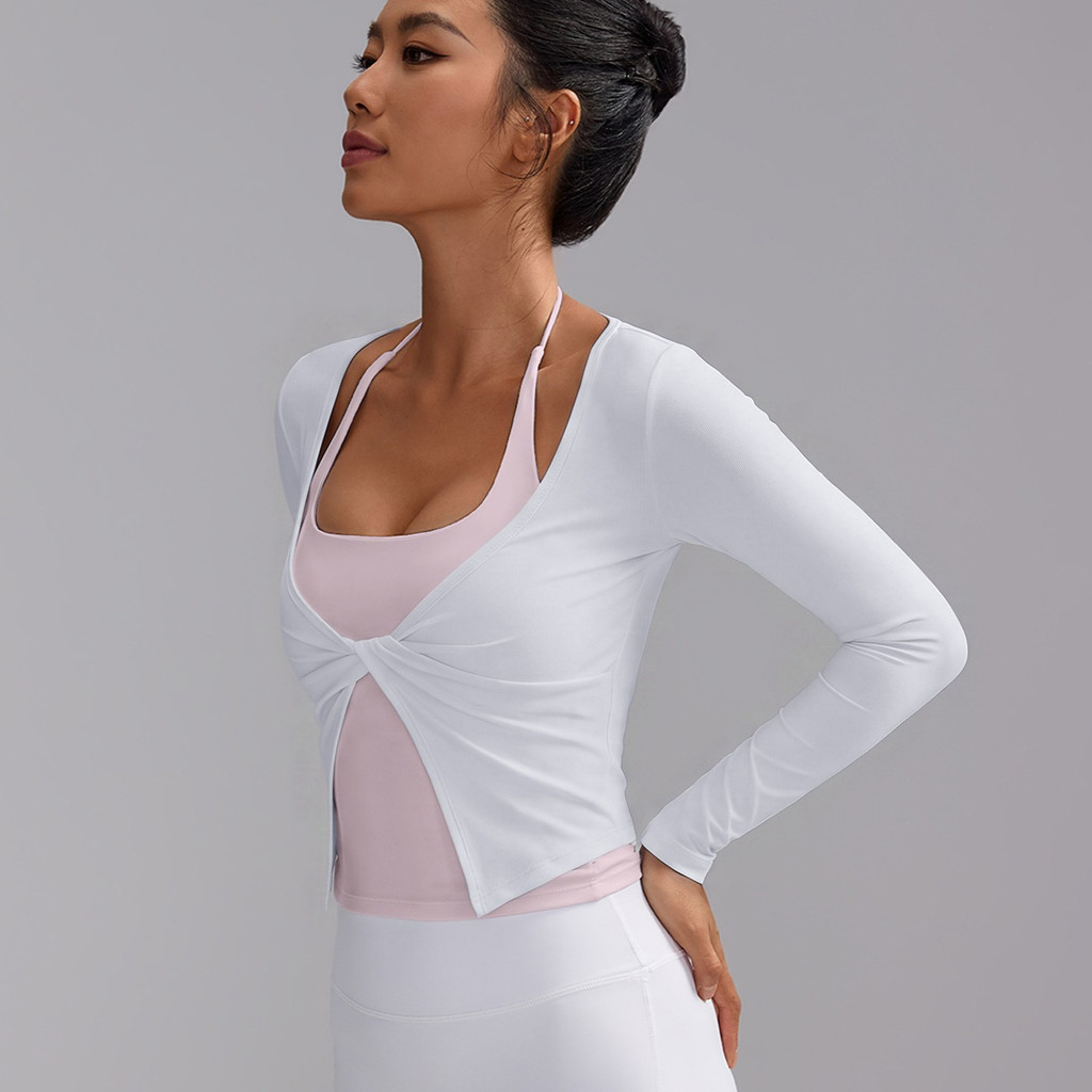 【LASYYOGA】Sports Top ผู้หญิงเซ็กซี่ Kink แฟชั่น V คอ Breathable แขนยาวโยคะเต้นรํา