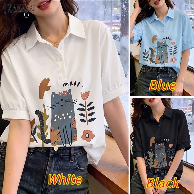 ZANZEA เสื้อเชิ้ตแขนพัฟพิมพ์ลายลําลองสไตล์เกาหลีของผู้หญิงการ์ตูนสัตว์รูปตัว H — صورة 3