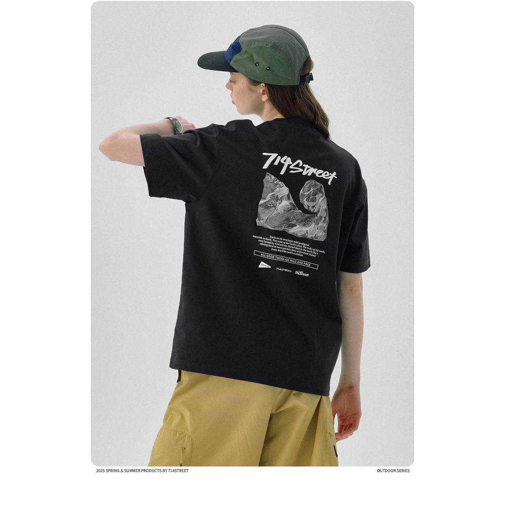 714street เสื้อยืดแขนสั้นสําหรับเล่นกีฬาพักผ่อนกลางแจ้งแฟชั่นใหม่พิมพ์เสื้อคอกลมอินเทรนด์