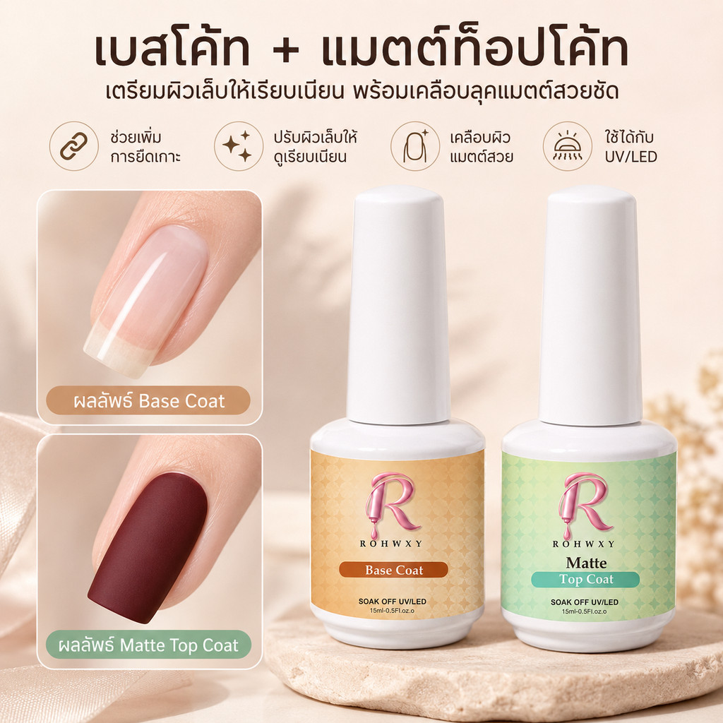 Rohwxy เบสโค้ท Base Coat ท็อปโค้ท แมตโค้ท Matte Top Coat เบสเจลทาเล็บ น้ำยาเคลือบเล็บ