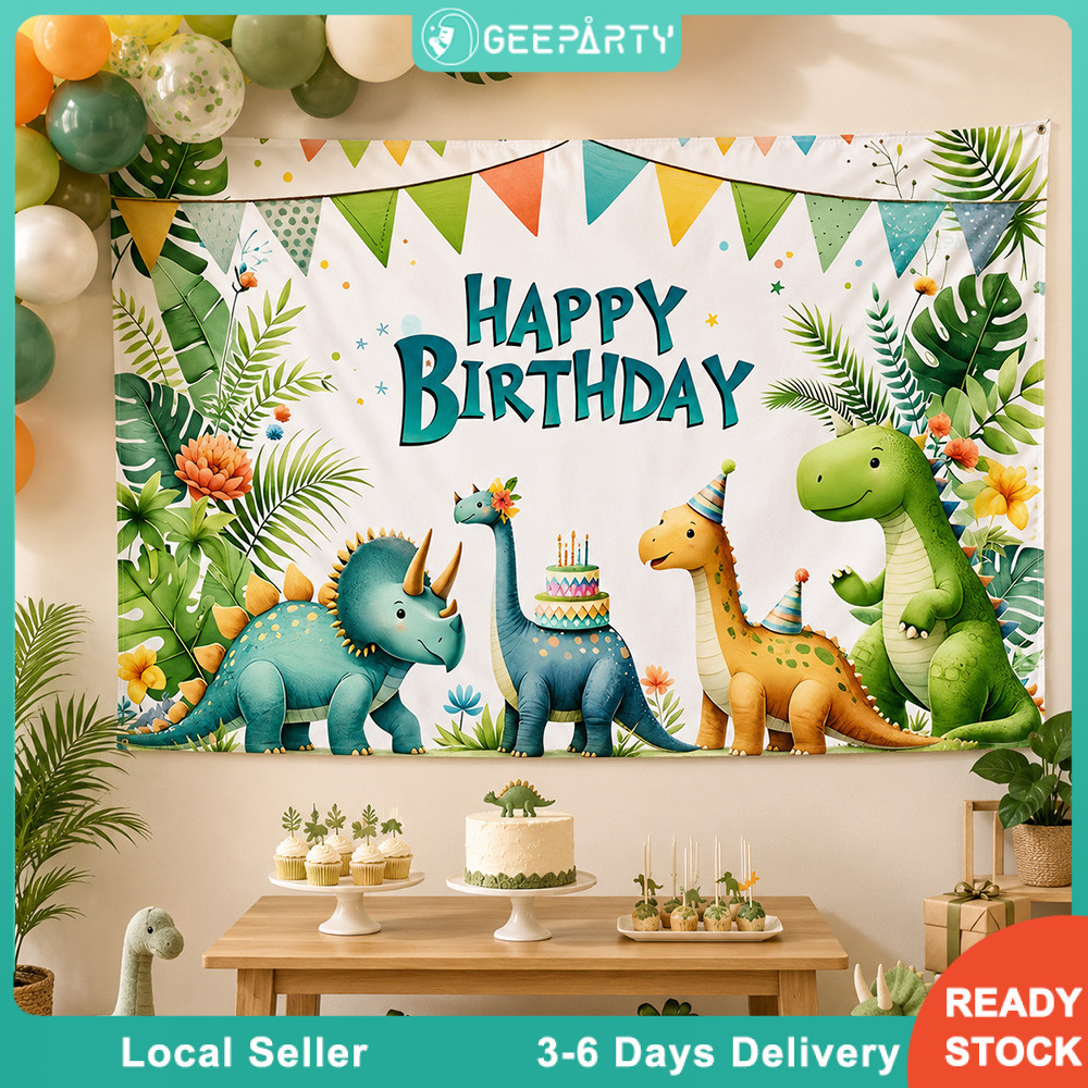 GeeParty ผ้าฉากหลัง 150CM 3D ไดโนเสาร์ T-Rex Happy Birthday ฉากถ่ายรูป ตกแต่งปาร์ตี้วันเกิด