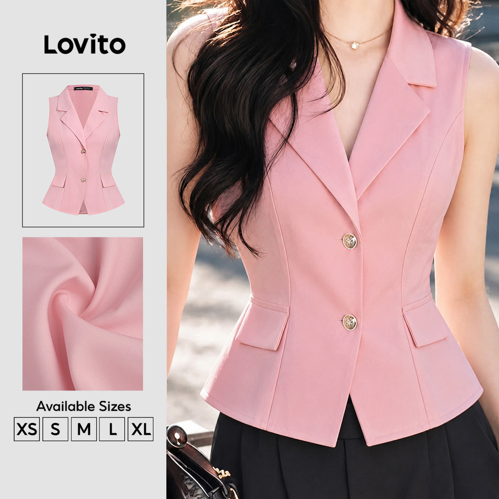 (New Arrival) Lovito เสื้อเบลาส์ผู้หญิงสีชมพูอ่อนฤดูร้อน/ฤดูร้อน มีกระเป๋าปลอม กระดุมหน้า สไตล์เรียบ