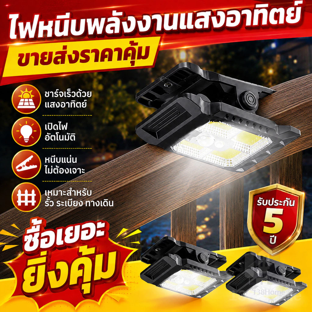 ไฟโซลาร์เซลล์แบบหนีบ ตรวจจับคนอัตโนมัติ กันน้ำระดับ IP65 เหมาะสำหรับใช้งานกลางแจ้งและบนระเบียง ไม่ต้องชาร์จไฟ