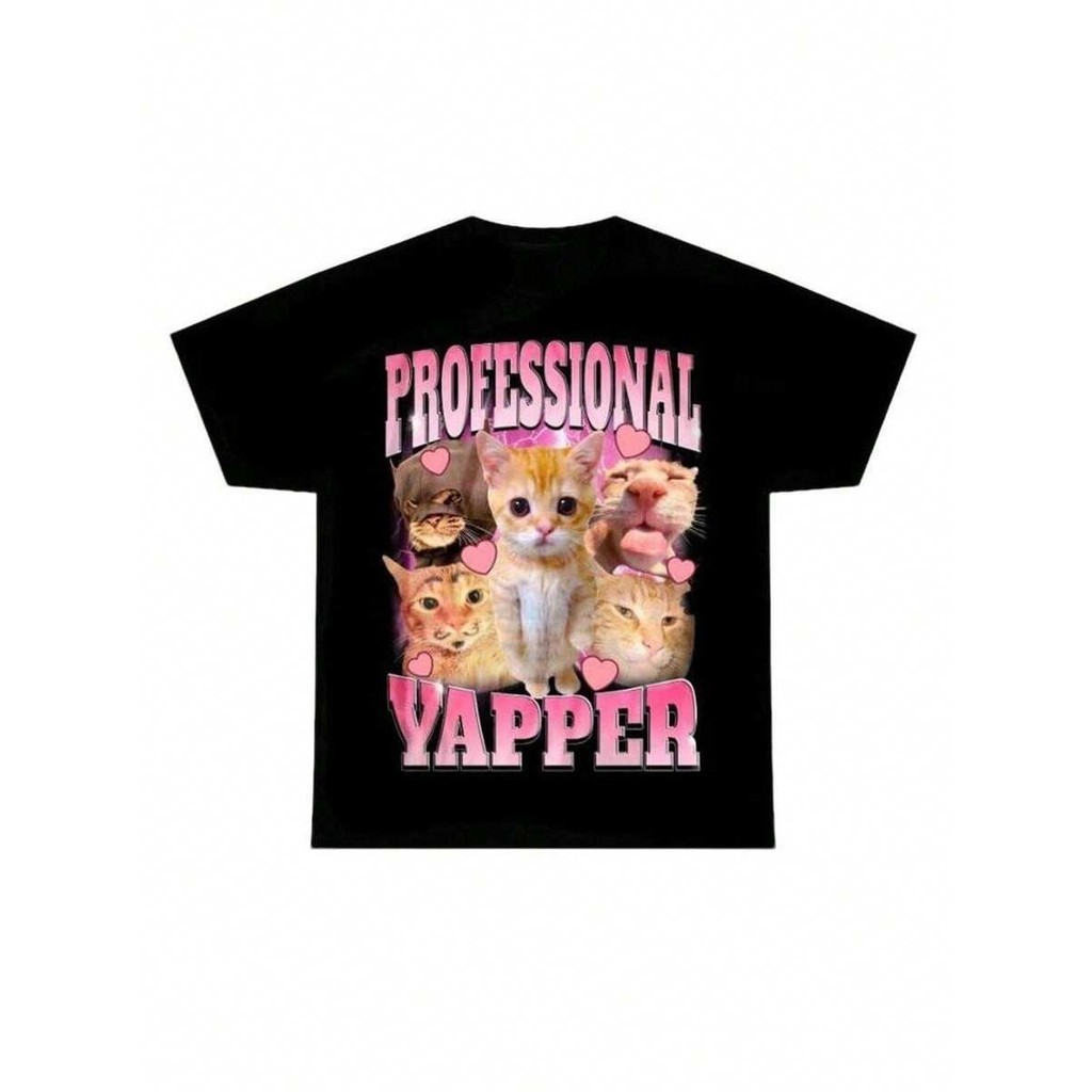 mhwkHustlin เสื้อยืดลายแมว PROFESSIONAL YAPPER สไตล์เกาหลี Oversize ผ้าคอตตอน 100% นุ่ม ใส่สบาย