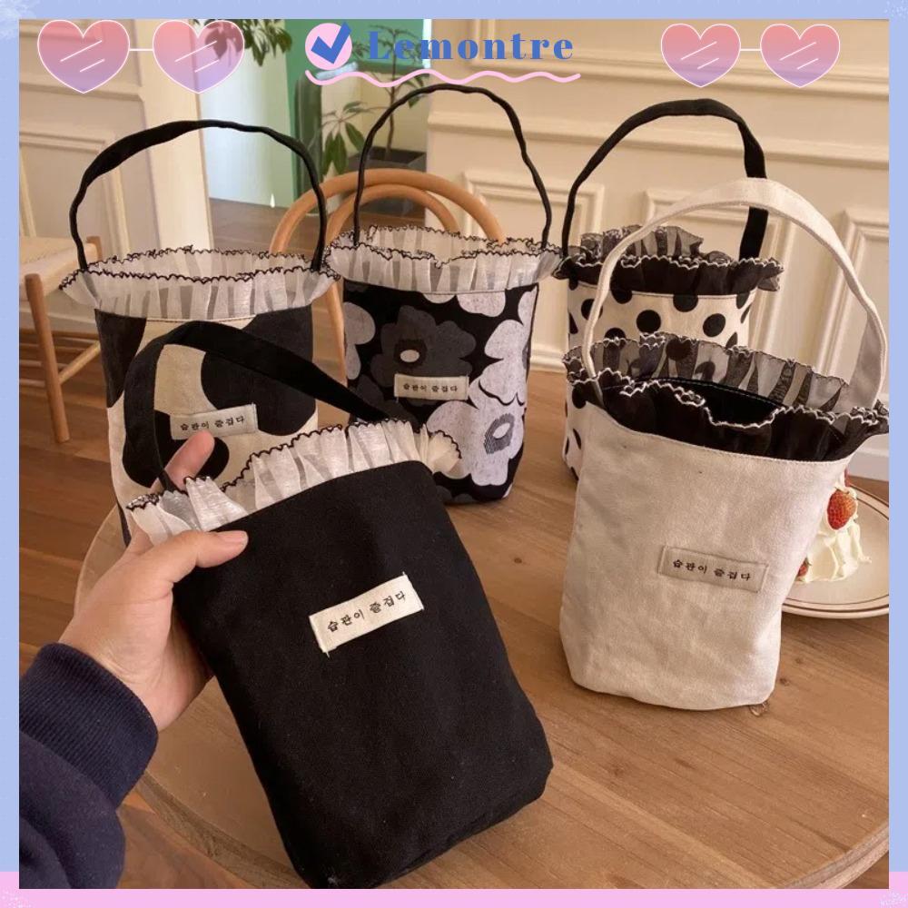 LEMONTRE Bucket Bags, Canvas Large Capacity Women Handbag, Fashion Korean Style Lunch Bags Travel