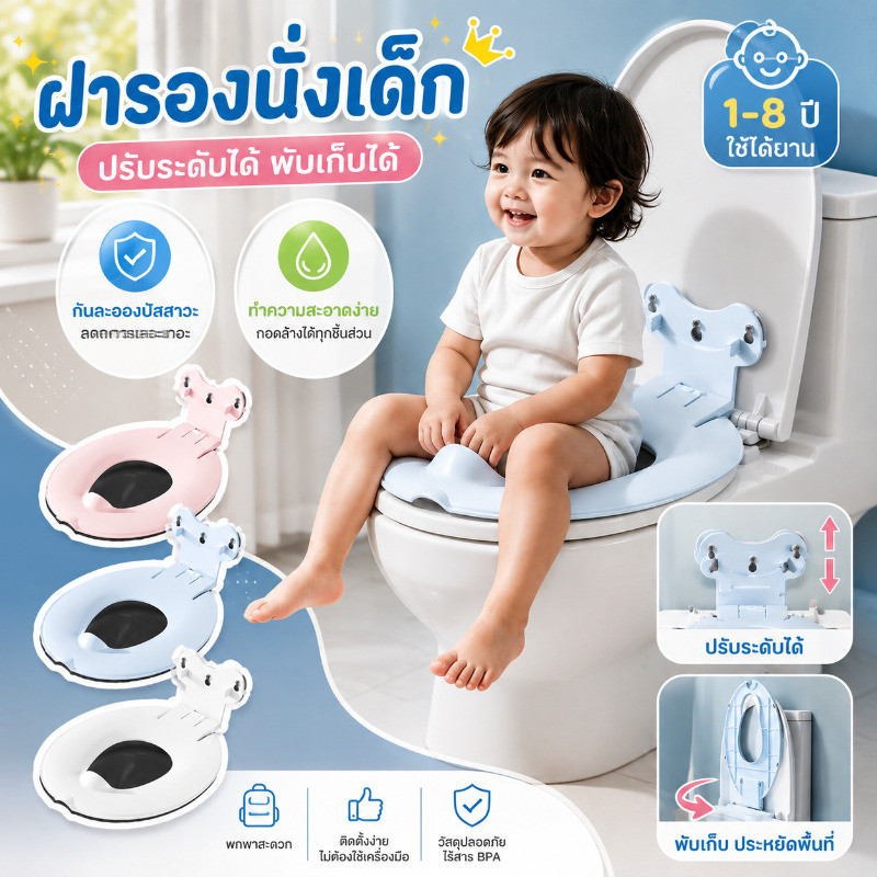 COD สุขาเด็ก ฝารองนั่งสำหรับเด็ก ปรับความสูงได้ พับเก็บประหยัดพื้นที่ เหมาะสำหรับเด็กอายุ 1-8 ปี