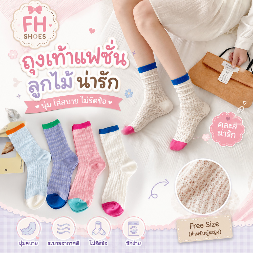 ถุงเท้าลูกไม้ผู้หญิง ถุงเท้าแฟชั่นสีพาสเทล ลายฉลุโปร่งน่ารัก เนื้อนุ่มระบายอากาศดี สไตล์เกาหลี FHS.