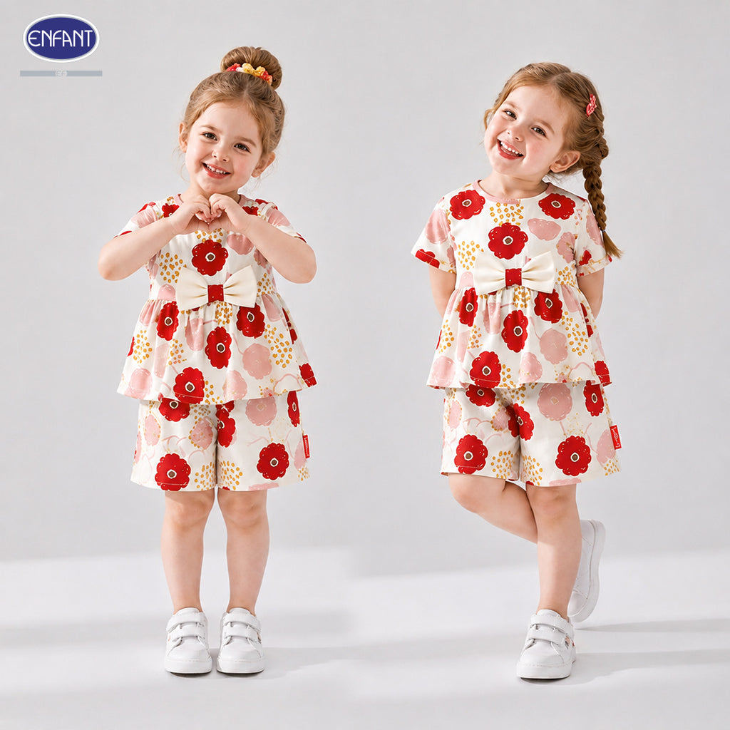 Enfant ชุดเซ็ตเด็กผู้หญิงเสื้อแขนสั้น+กางเกงขาสั้น ลายดอกไม้สีชมพู 6เดือน-8ปี EE1X11