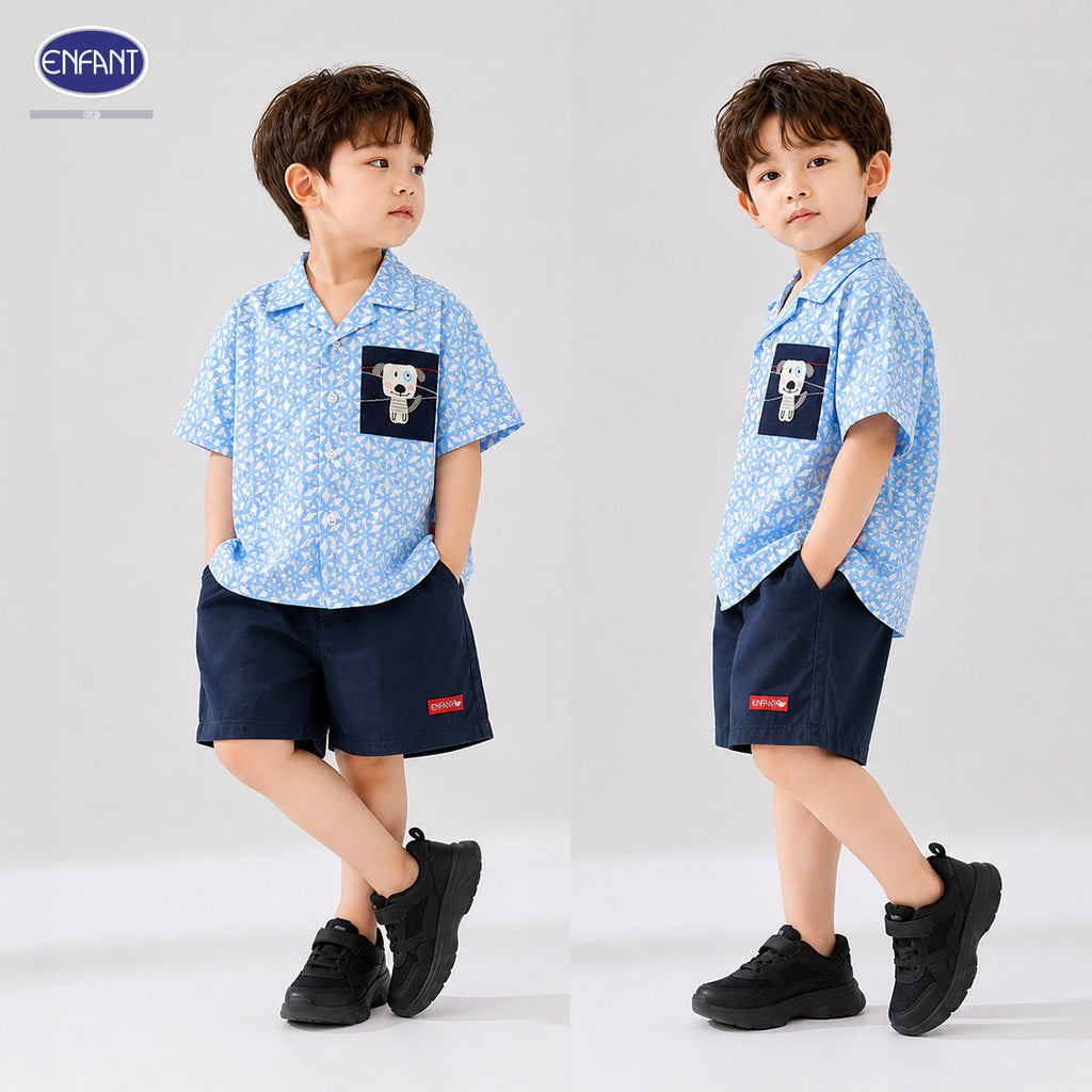 Enfant ชุดเซ็ตเด็กผู้ชายเสื้อเชิ้ตแขนสั้น+กางเกงขาสั้น ลายกราฟิกสีฟ้า 6เดือน-8ปี EE1X10