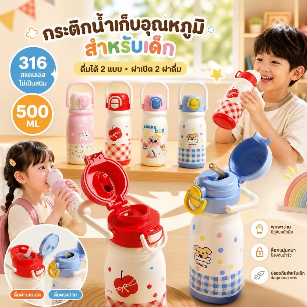 520ml/18ozเด็กพกพาน้ำแก้ว ปากหลอด+ดื่มตรง แก้วเก็บความเย็น-ซีรีย์ลูกสุนัข(สแตนเลส 316) Tumblerเก็บความเย็น 6 ชม.