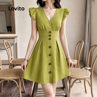 (New Arrival) Lovito เดรสสีชมพูเรียบง่ายแต่งระบายกระดุม เดรสฤดูสปริง/ฤดูร้อนสําหรับผู้หญิง LK7ED1181