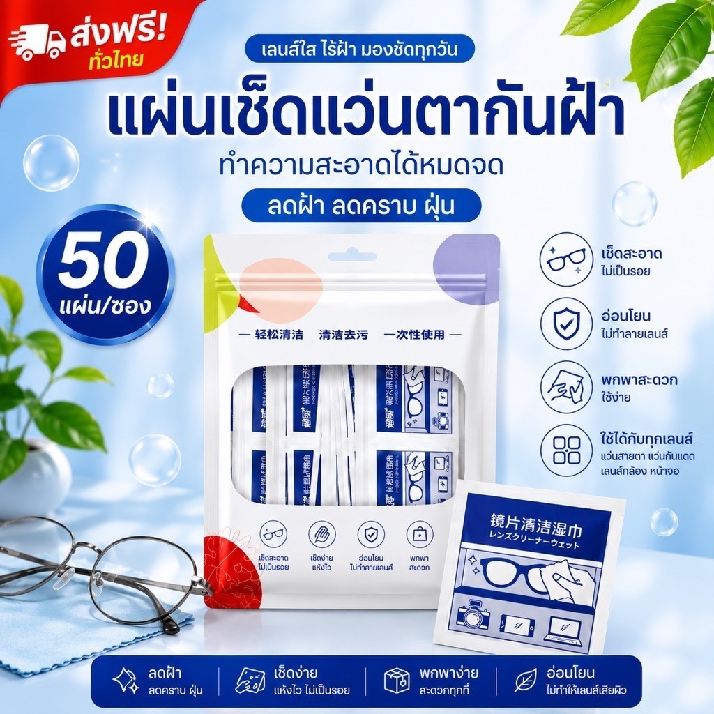 kingmallshop（Y121）แผ่นเช็ดแว่นตากันฝ้า แผ่นเช็ดหน้าจอ เช็ดกล้อง ลดฝ้า ลดคราบ 50 แผ่น/ถุง