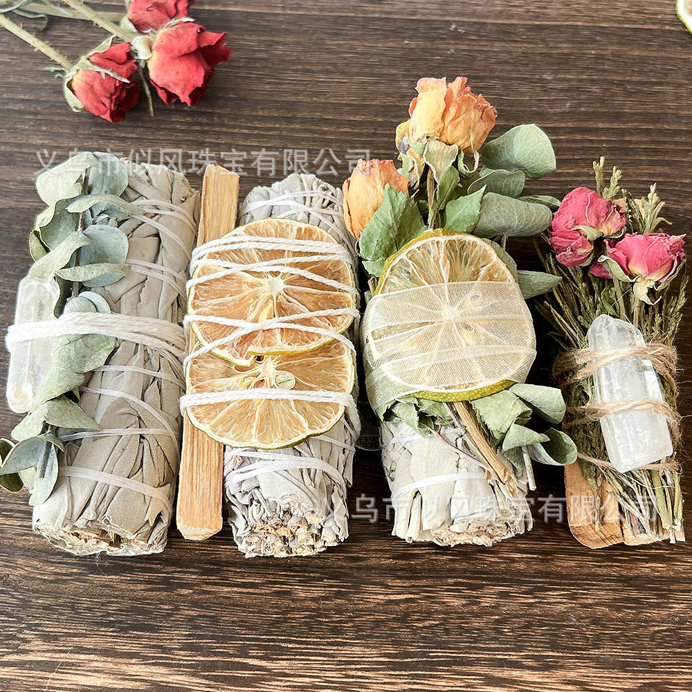 อเมริกันนําเข้า White Sage Stick ดอกไม้แห้งธรรมชาติ Rose Lemon Slice คริสตัล Energy Purification Aro