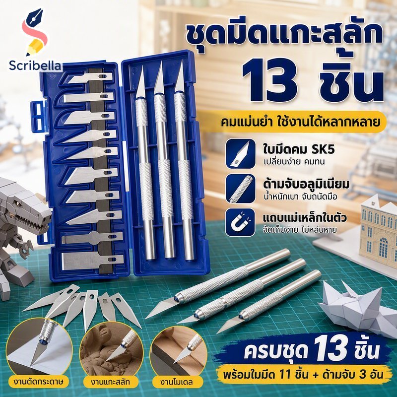 ชุดมีดคัตเตอร์หัตถกรรมที่มีความแม่นยํา 13 ชิ้นใบมีดเปลี่ยนได้อลูมิเนียมจับแม่เหล็กคม
