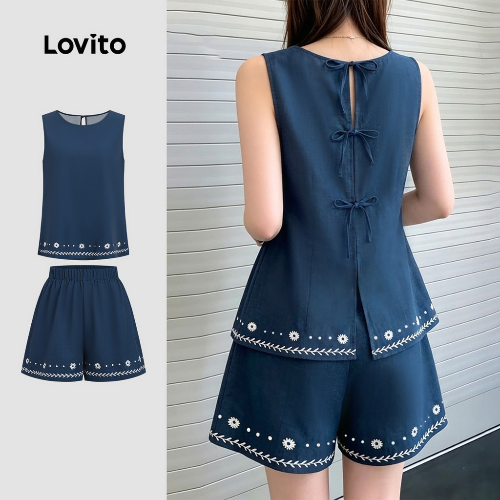 Lovito กางเกงขาสั้นหรือเสื้อเบลาส์สไตล์ชาติพันธุ์ผูกด้านหน้า โทนสีกรมท่า สําหรับฤดูใบไม้ผลิ/ฤดูร้อน LK6ED784